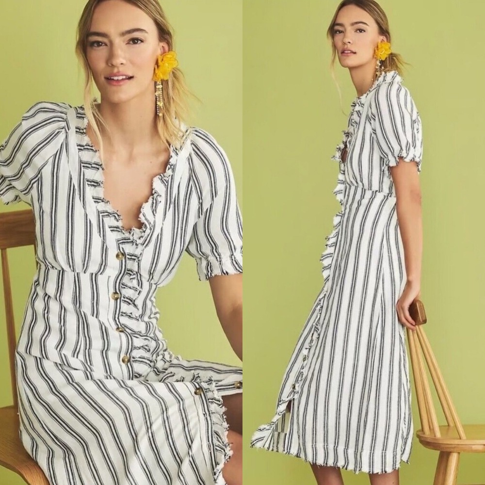 Pilcro Anthropologie Striped Linen Blend Ruffle Button Front Midi Dress Size 4